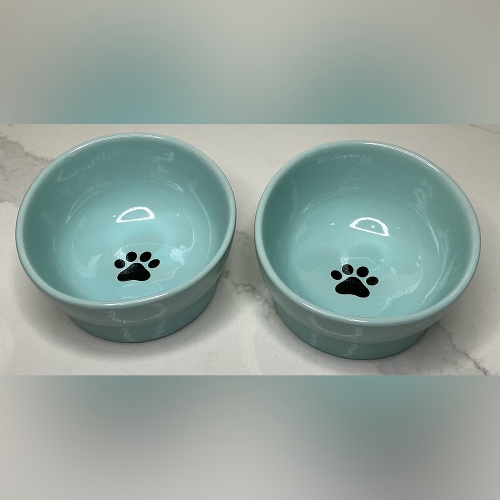 2 Fido’s Pet Bowls Elevated Blue Dog Cat Food/Water Bowls 1 Cup Capacity Paws